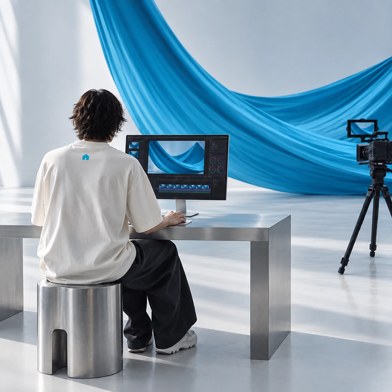 Creative editor in a minimal silver-white studio with a blue sculptural set and cinema camera